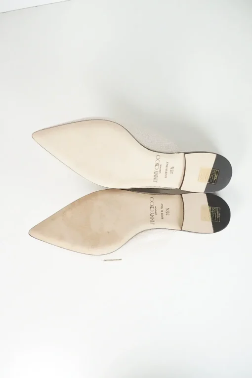 Silver metallic linen pointy toe slip ons with beige gros grain bow