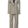 Silver metallic polyester-blend floral jacquard two-piece suit set featuring notch collar tailored jacket and high-rise straight-leg trousers