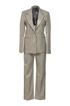 Silver metallic polyester-blend floral jacquard two-piece suit set featuring notch collar tailored jacket and high-rise straight-leg trousers
