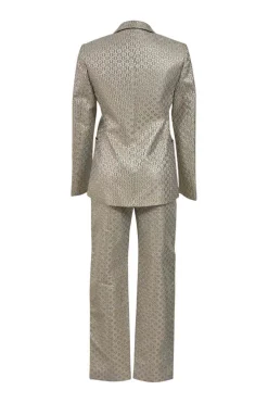 Silver metallic polyester-blend floral jacquard two-piece suit set featuring notch collar tailored jacket and high-rise straight-leg trousers