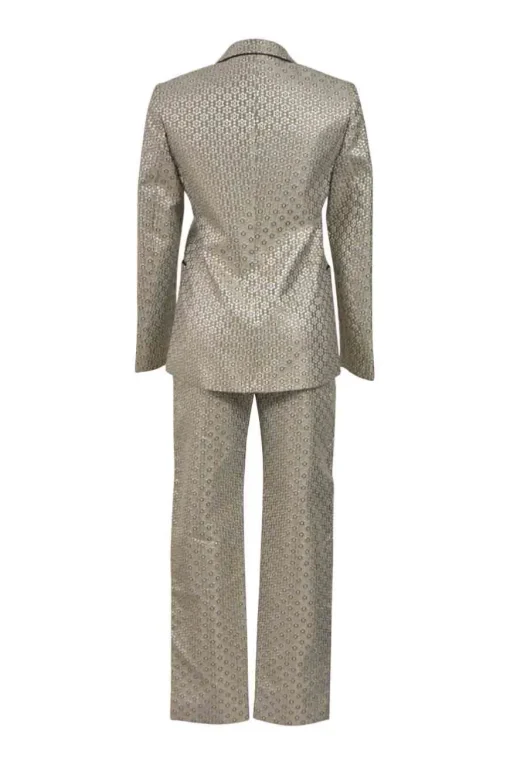 Silver metallic polyester-blend floral jacquard two-piece suit set featuring notch collar tailored jacket and high-rise straight-leg trousers