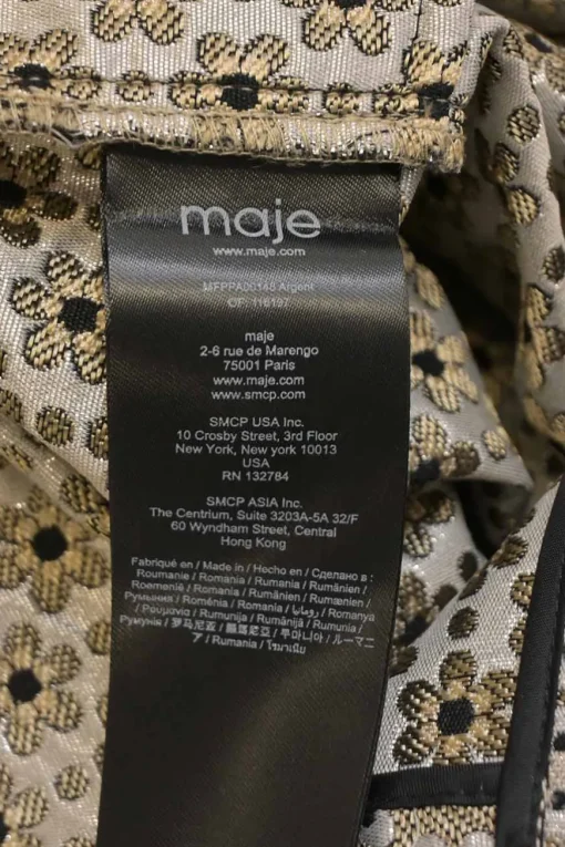Silver metallic polyester-blend floral jacquard two-piece suit set featuring notch collar tailored jacket and high-rise straight-leg trousers