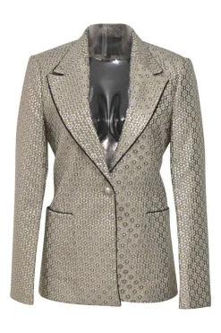 Silver metallic polyester-blend floral jacquard two-piece suit set featuring notch collar tailored jacket and high-rise straight-leg trousers