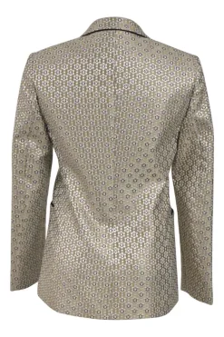 Silver metallic polyester-blend floral jacquard two-piece suit set featuring notch collar tailored jacket and high-rise straight-leg trousers