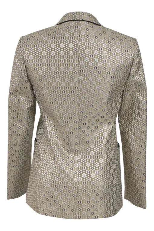 Silver metallic polyester-blend floral jacquard two-piece suit set featuring notch collar tailored jacket and high-rise straight-leg trousers