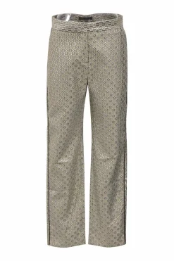 Silver metallic polyester-blend floral jacquard two-piece suit set featuring notch collar tailored jacket and high-rise straight-leg trousers