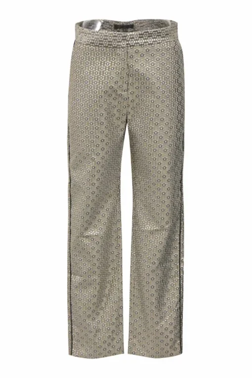 Silver metallic polyester-blend floral jacquard two-piece suit set featuring notch collar tailored jacket and high-rise straight-leg trousers