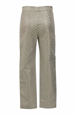 Silver metallic polyester-blend floral jacquard two-piece suit set featuring notch collar tailored jacket and high-rise straight-leg trousers