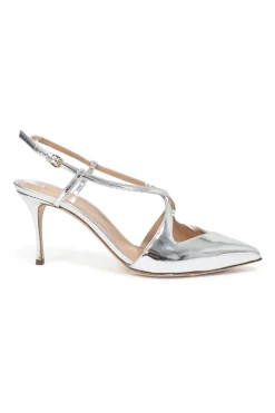 Silver mirrored leather pointed-toe Bon Ton slingback pumps