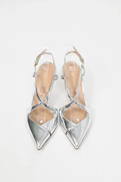 Silver mirrored leather pointed-toe Bon Ton slingback pumps