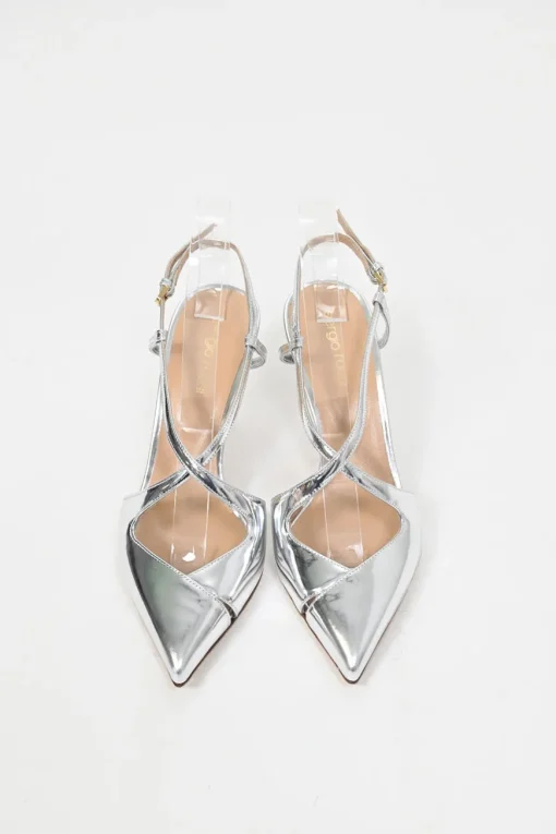 Silver mirrored leather pointed-toe Bon Ton slingback pumps