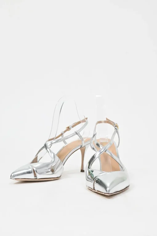 Silver mirrored leather pointed-toe Bon Ton slingback pumps