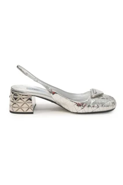 Silver mirrored leather slingback pumps with faceted logo vamp plaque and mirrored block heels