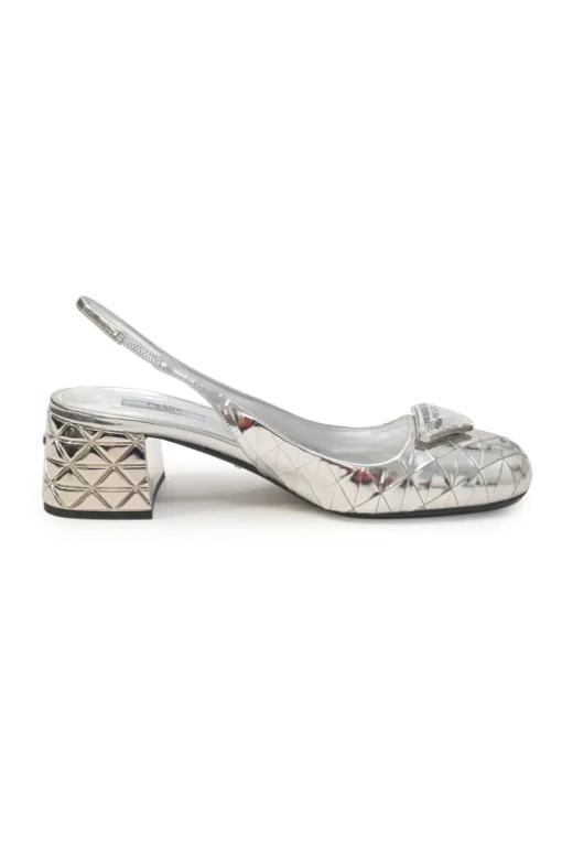 Silver mirrored leather slingback pumps with faceted logo vamp plaque and mirrored block heels
