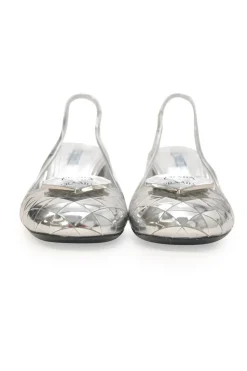 Silver mirrored leather slingback pumps with faceted logo vamp plaque and mirrored block heels