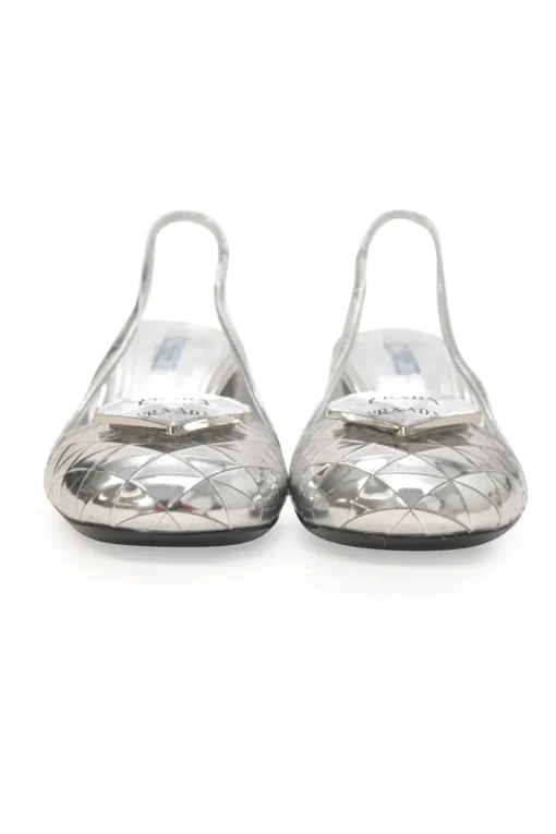 Silver mirrored leather slingback pumps with faceted logo vamp plaque and mirrored block heels