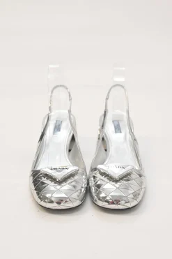 Silver mirrored leather slingback pumps with faceted logo vamp plaque and mirrored block heels