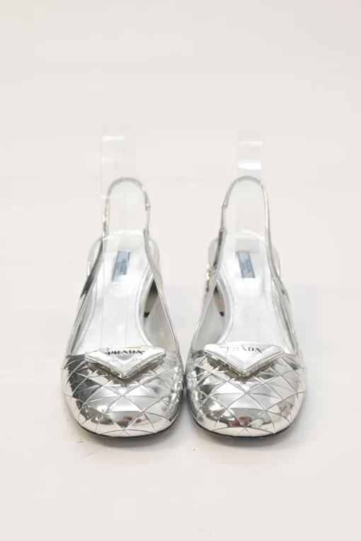 Silver mirrored leather slingback pumps with faceted logo vamp plaque and mirrored block heels
