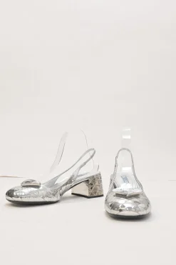 Silver mirrored leather slingback pumps with faceted logo vamp plaque and mirrored block heels