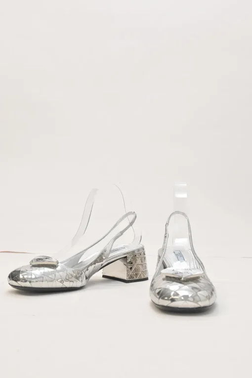Silver mirrored leather slingback pumps with faceted logo vamp plaque and mirrored block heels