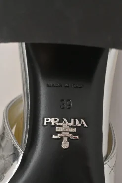 Silver mirrored leather slingback pumps with faceted logo vamp plaque and mirrored block heels