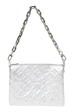 Silver Monogram-embossed puffy lambskin Coussin PM two-way shoulder bag with silver-finish hardware