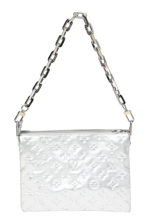 Silver Monogram-embossed puffy lambskin Coussin PM two-way shoulder bag with silver-finish hardware