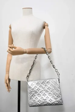 Silver Monogram-embossed puffy lambskin Coussin PM two-way shoulder bag with silver-finish hardware