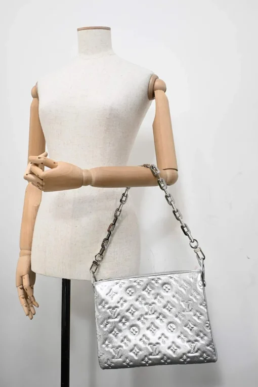 Silver Monogram-embossed puffy lambskin Coussin PM two-way shoulder bag with silver-finish hardware