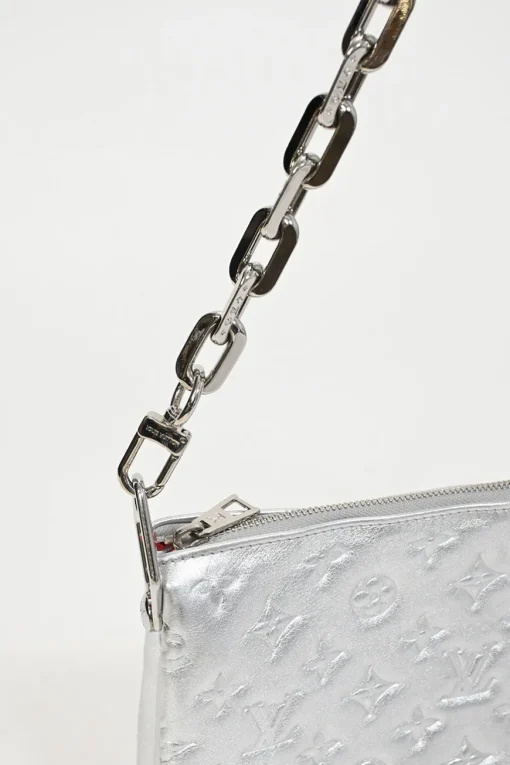 Silver Monogram-embossed puffy lambskin Coussin PM two-way shoulder bag with silver-finish hardware