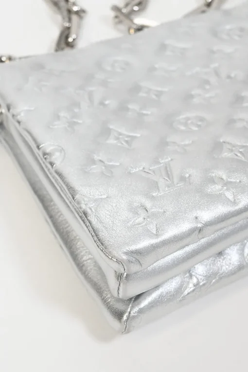 Silver Monogram-embossed puffy lambskin Coussin PM two-way shoulder bag with silver-finish hardware