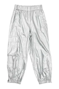 Silver polyamide lamé pull-on high-rise cropped cargo joggers with elasticated waistband