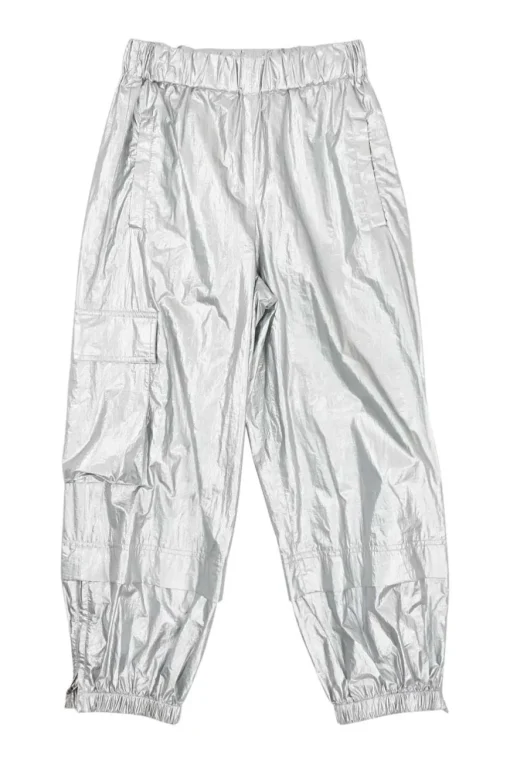 Silver polyamide lamé pull-on high-rise cropped cargo joggers with elasticated waistband