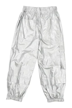 Silver polyamide lamé pull-on high-rise cropped cargo joggers with elasticated waistband