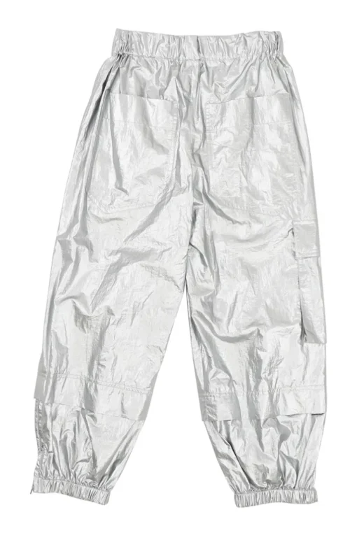 Silver polyamide lamé pull-on high-rise cropped cargo joggers with elasticated waistband