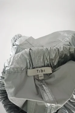 Silver polyamide lamé pull-on high-rise cropped cargo joggers with elasticated waistband