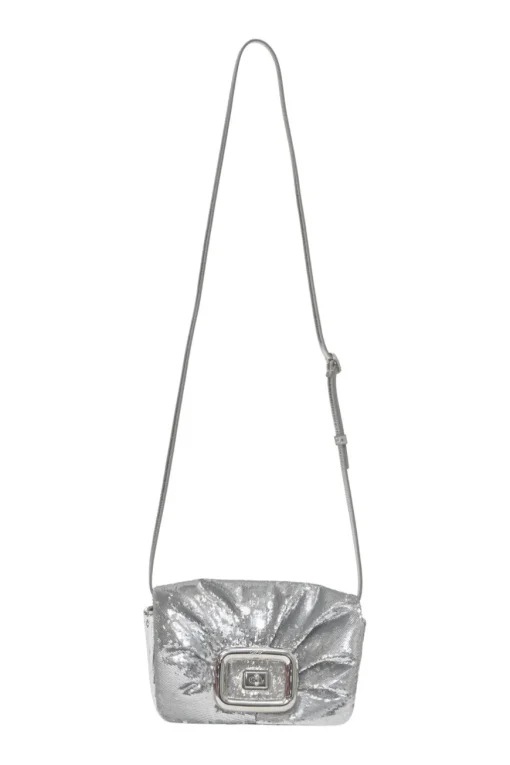 Silver sequined fabric and foiled lambskin leather Viv' Choc Paillettes mini crossbody bag