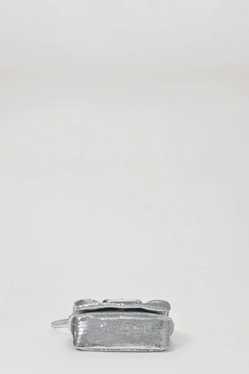 Silver sequined fabric and foiled lambskin leather Viv' Choc Paillettes mini crossbody bag
