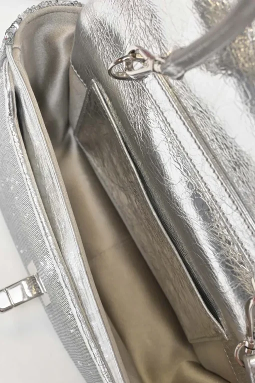 Silver sequined fabric and foiled lambskin leather Viv' Choc Paillettes mini crossbody bag