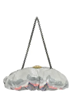 Silver sequin-embellished fabric crossbody clutch with kiss lock fastening