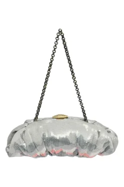 Silver sequin-embellished fabric crossbody clutch with kiss lock fastening