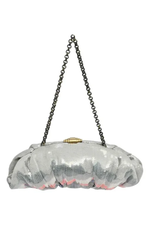 Silver sequin-embellished fabric crossbody clutch with kiss lock fastening