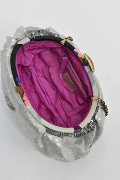 Silver sequin-embellished fabric crossbody clutch with kiss lock fastening