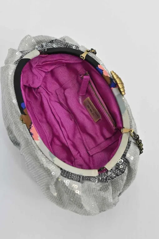 Silver sequin-embellished fabric crossbody clutch with kiss lock fastening