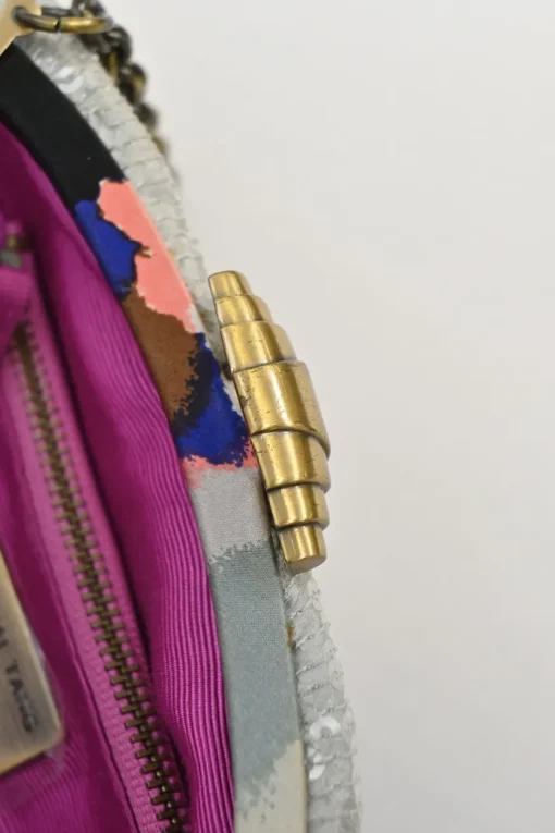 Silver sequin-embellished fabric crossbody clutch with kiss lock fastening