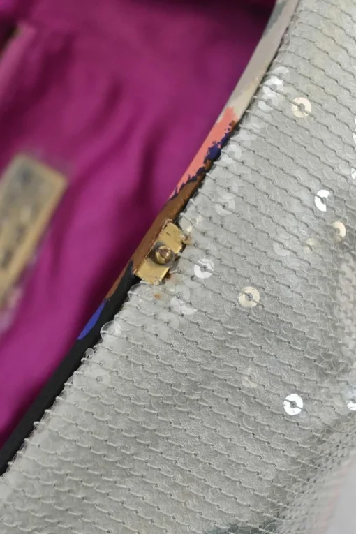 Silver sequin-embellished fabric crossbody clutch with kiss lock fastening