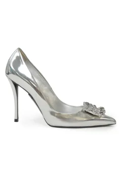 Silver strass crystal-embellished leather Bouquet flower buckle pointed-toe pumps