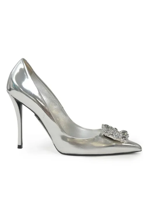 Silver strass crystal-embellished leather Bouquet flower buckle pointed-toe pumps