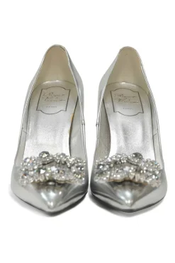 Silver strass crystal-embellished leather Bouquet flower buckle pointed-toe pumps