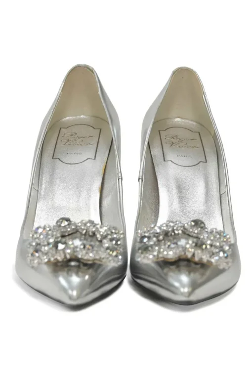 Silver strass crystal-embellished leather Bouquet flower buckle pointed-toe pumps
